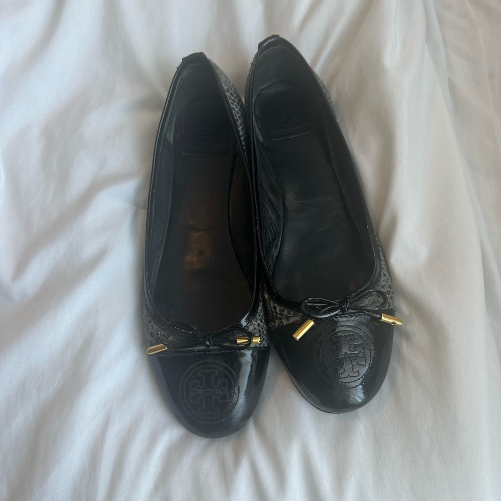 Tory Burch snake print ballet flats in black. Slightly worn but decent condition